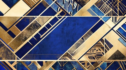 Fototapete - Abstract geometric background design featuring rich blue and gold hues with intricate shapes and patterns creating a sophisticated visual composition