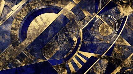 Fototapete - Abstract geometric shapes with blue and gold tones featuring circular and angular designs creating a harmonious modern artistic background