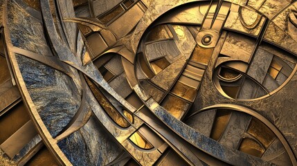 Fototapete - Intricate Abstract Design of Metallic Shapes and Curves in Shades of Gold and Blue with Textured Surfaces and Dynamic Patterns
