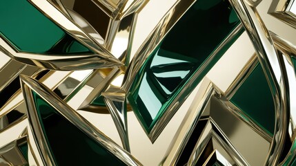 Fototapete - Abstract composition of overlapping geometric shapes with reflective surfaces and vivid green accents creating a modern artistic design