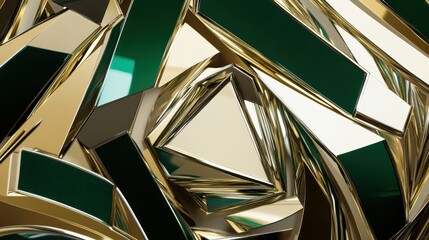 Fototapete - Abstract geometric shapes forming a visually striking pattern in gold and green tones, showcasing reflective surfaces and intricate designs, ideal for modern art and design applications.