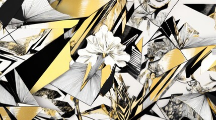 Fototapete - Abstract Collage of Geometric Shapes and Floral Patterns in Black, White, and Gold Tones for Creative Design and Art Projects