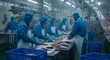 © AI Photo Stock - Industrial Fish Processing Plant Workers - Efficient fish processing, hygiene, teamwork, food industry, industrial production. Workers in blue uniforms prepare fish on a production line