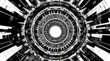 Fototapete - Abstract circular black and white tunnel design with intricate geometric patterns and radial symmetry, creating a sense of depth and perspective
