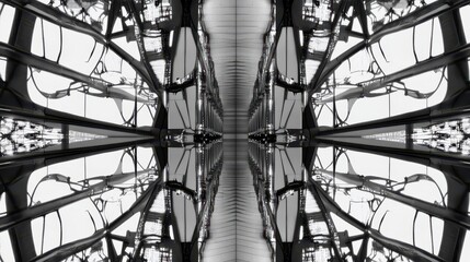 Fototapete - Intricate Black and White Symmetrical Structure Featuring Industrial Framework and Patterns in a Modern Architectural Design Aesthetic