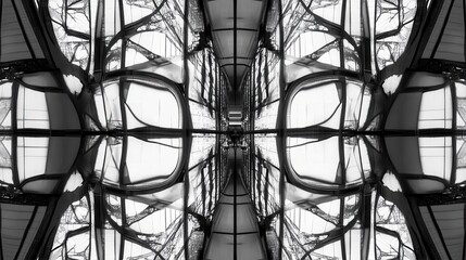 Fototapete - Abstract geometric pattern of a modern architectural structure showcasing intricate lines and symmetry in a monochrome palette with reflective surfaces