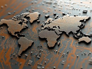 Poster - Abstract world map with circuit pattern background