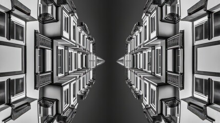Fototapete - Symmetrical Urban Facade with Alternating Windows and Balconies Reflecting Modern Architectural Style in Black and White Photography