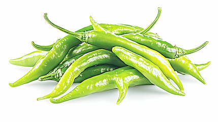 Pile of green chilies isolated on white background, studio shot, possible use for food product display
