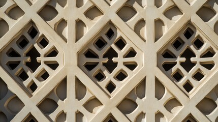 Fototapete - Intricate geometric pattern design of architectural decorative wall featuring repeating diamond and circular motifs in beige tones