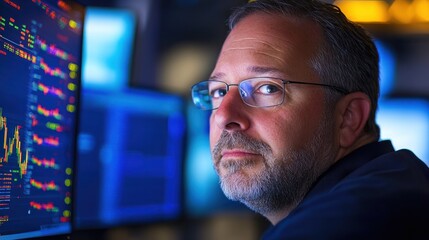 Poster - Focused trader analyzing market trends in office