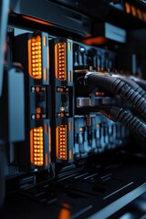 Poster - Close-up of illuminated server components and cables