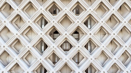 Fototapete - Geometric Modern Architecture Facade with Textured Diamond Patterns in Clean White and Subtle Shadows, Ideal for Contemporary Design Projects