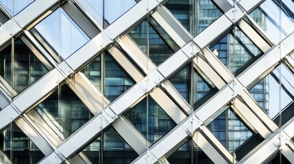 Fototapete - Abstract close-up of modern office building facade showcasing geometric glass and metal patterns with reflections and textures for architectural backgrounds