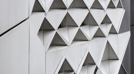 Fototapete - Abstract geometric design of a modern building facade featuring triangular patterns in shades of gray and white for architectural photography