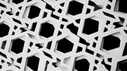 Fototapete - Intricate White Geometric Pattern with Hexagonal Shapes and Negative Space on a Black Background for Creative Design Use