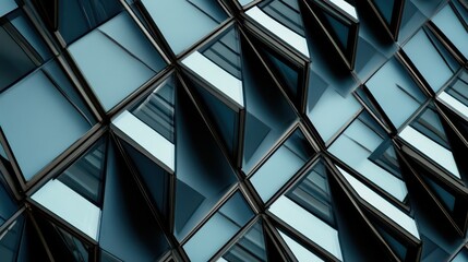 Fototapete - Abstract Geometric Pattern of Modern Building Facade Showcasing Diagonal Reflections and Unique Glass Panels in an Urban Setting