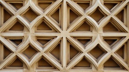 Fototapete - Intricate geometric pattern of carved stone wall featuring diamond shapes and elegant lines, showcasing craftsmanship and design elements in architecture.