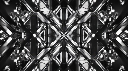Fototapete - Abstract metallic and mirrored geometric design with intricate patterns reflecting light in a mesmerizing black and white composition for artistic backgrounds