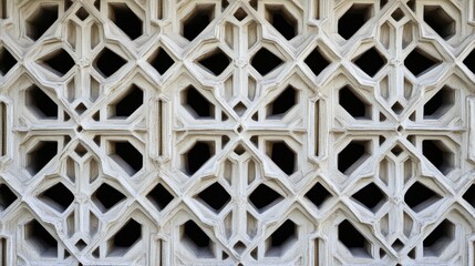 Fototapete - Intricate geometric wall pattern made from textured stone blocks, showcasing symmetrical shapes and designs for architectural inspiration