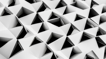 Fototapete - Abstract geometric pattern with three-dimensional triangular shapes creating a dynamic visual experience in black and white hues