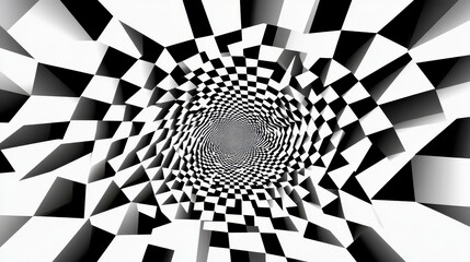Fototapete - Abstract 3D spiral tunnel with black and white checkered pattern creating an illusion of depth and motion in a geometric design
