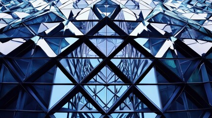 Fototapete - Stunning Facade of Contemporary Glass Architecture with Geometric Patterns and Blue Reflections Creating a Modern Aesthetic in Urban Setting