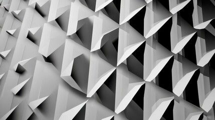 Fototapete - Abstract geometric pattern with sharp angled shapes and three-dimensional texture creating a dynamic visual effect in monochrome tones.