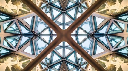 Fototapete - Intricate Geometric Patterns and Reflections from Modern Architectural Design Showcasing Symmetry and Innovative Structures in a Contemporary Space