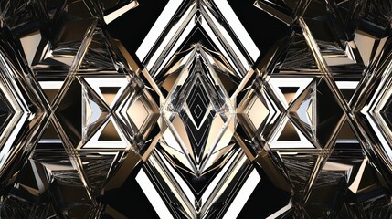 Fototapete - Complex geometric shapes with metallic textures and reflections creating an abstract symmetrical pattern in black and gold tones for design and creativity