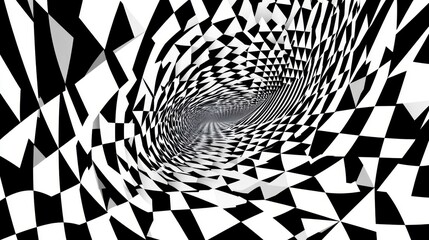 Fototapete - Abstract Black and White Geometric Tunnel with Triangles and Diamonds Creating a Spiraling Optical Illusion in a Hypnotic Pattern