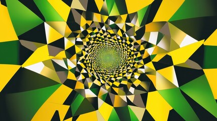 Fototapete - Abstract Spiral Pattern in Green and Yellow Colors with Geometric Shapes and Triangles Creating a Dynamic Visual Depth and Movement