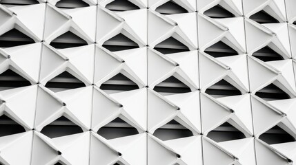 Fototapete - Abstract close-up of geometric white wall design featuring triangular perforated shapes creating a modern architectural aesthetic with shadows