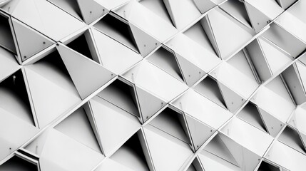 Fototapete - Modern architectural design featuring a creative arrangement of white triangular panels on a building facade demonstrating geometric aesthetics and patterns