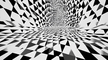 Fototapete - Abstract geometric pattern in black and white with dynamic triangular shapes forming a mesmerizing tunnel-like effect in three-dimensional space