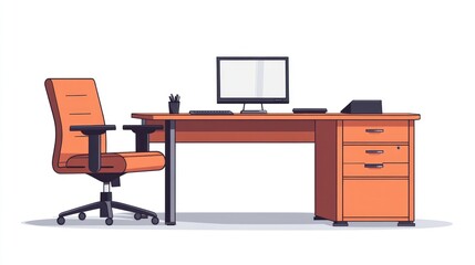 Poster - Office Desk with Chair and Computer, Workspace Illustration, Ready for Use