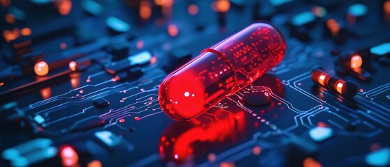 Poster - Red capsule on circuit board with glowing lights