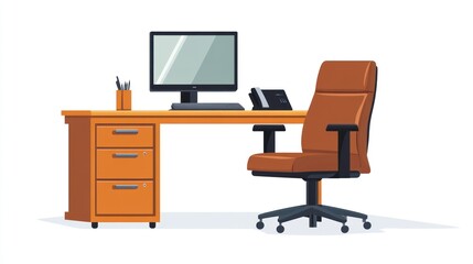 Poster - Office desk, chair, computer, phone, work