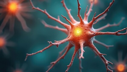 Poster - Illustration of nerve cells sending electric signals in brain. Neuron cell activity for neural communications. Futuristic neuroscience anatomy visualisation of biological system, glowing connections,
