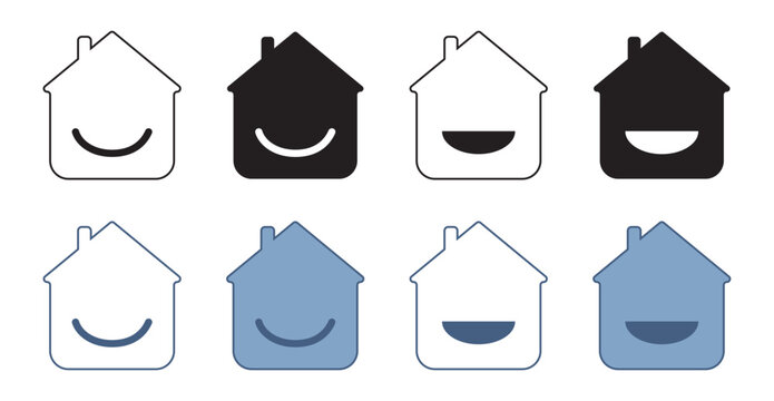 A set of icons of homes with a smile. Logo of the house. Home button for apps and websites. Vector illustration