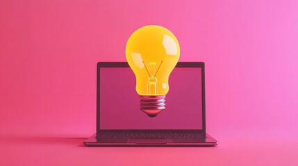 Poster - Bright light bulb above open laptop on pink background