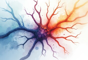 Poster - Watercolor illustration of brain neuron with blue, red colors, neural network. Human nerve cell body connection anatomy structure biology system stimulus impulse. Three-dimensional concept for
