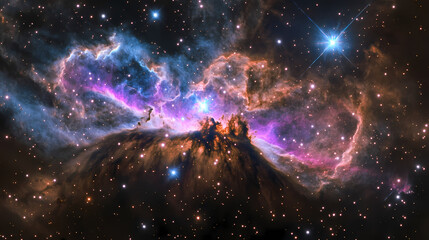 Wall Mural - Vibrant cosmic cloud with stars and nebula showcasing beautifully blended colors of purple, pink, blue, and black in a stunning galactic background. Galactic Optical Illusions. Illustration