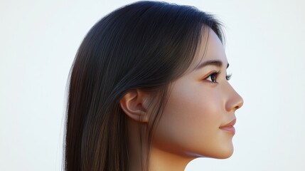 A portrait of an Asian woman with black hair, set against a white backdrop