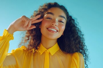 Wall Mural - A portrait of a happy, laughing African American woman with curly brown hair against a colorful background, holding up her index finger to explain or point