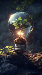 Poster - Small tree with glowing roots growing inside a light bulb placed on a rock, representing green energy and environmental conservation