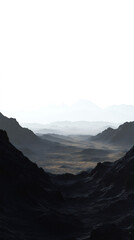 Poster - Volcanic terrain merging dark peaks into misty horizon under bright, cloudless sky