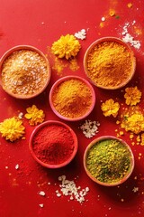 Wall Mural - Colorful assortment of Indian spices in small pots with yellow and red background. Spices include turmeric, cumin, coriander, and more.