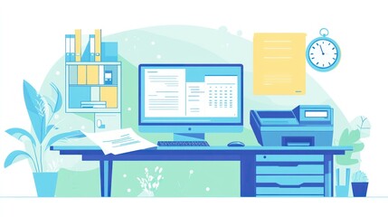 Poster - Modern office workspace, computer screen shows data, documents on desk, printer nearby; ideal for business or productivity contexts