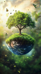Poster - Green planet with grassy surface, lone tree, butterflies swarming, symbolizing ecological balance and environmental preservation